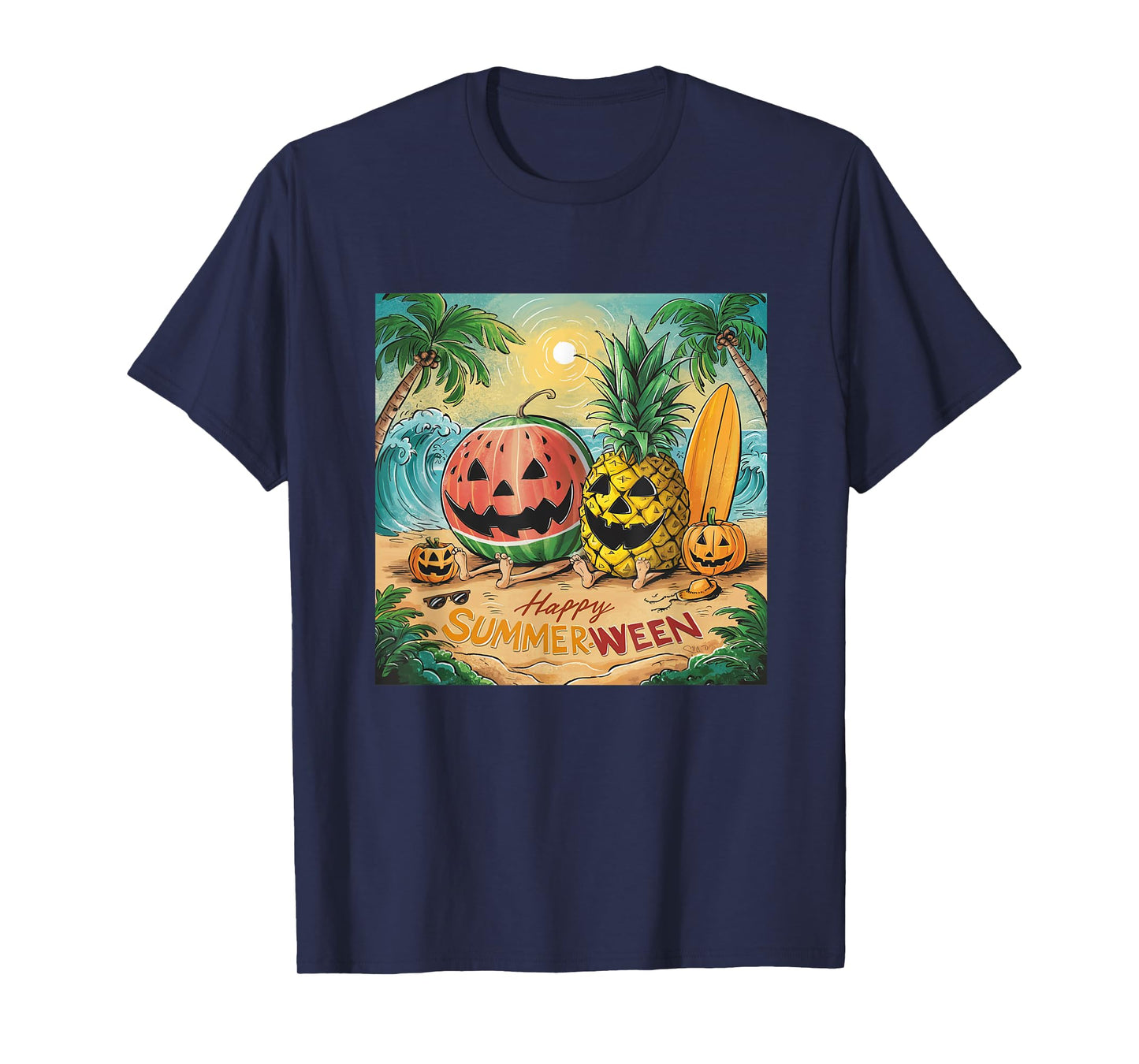 Happy Summerween Watermelon Pineapple Beach Vibes Halloween T-Shirt for Men Women Kids