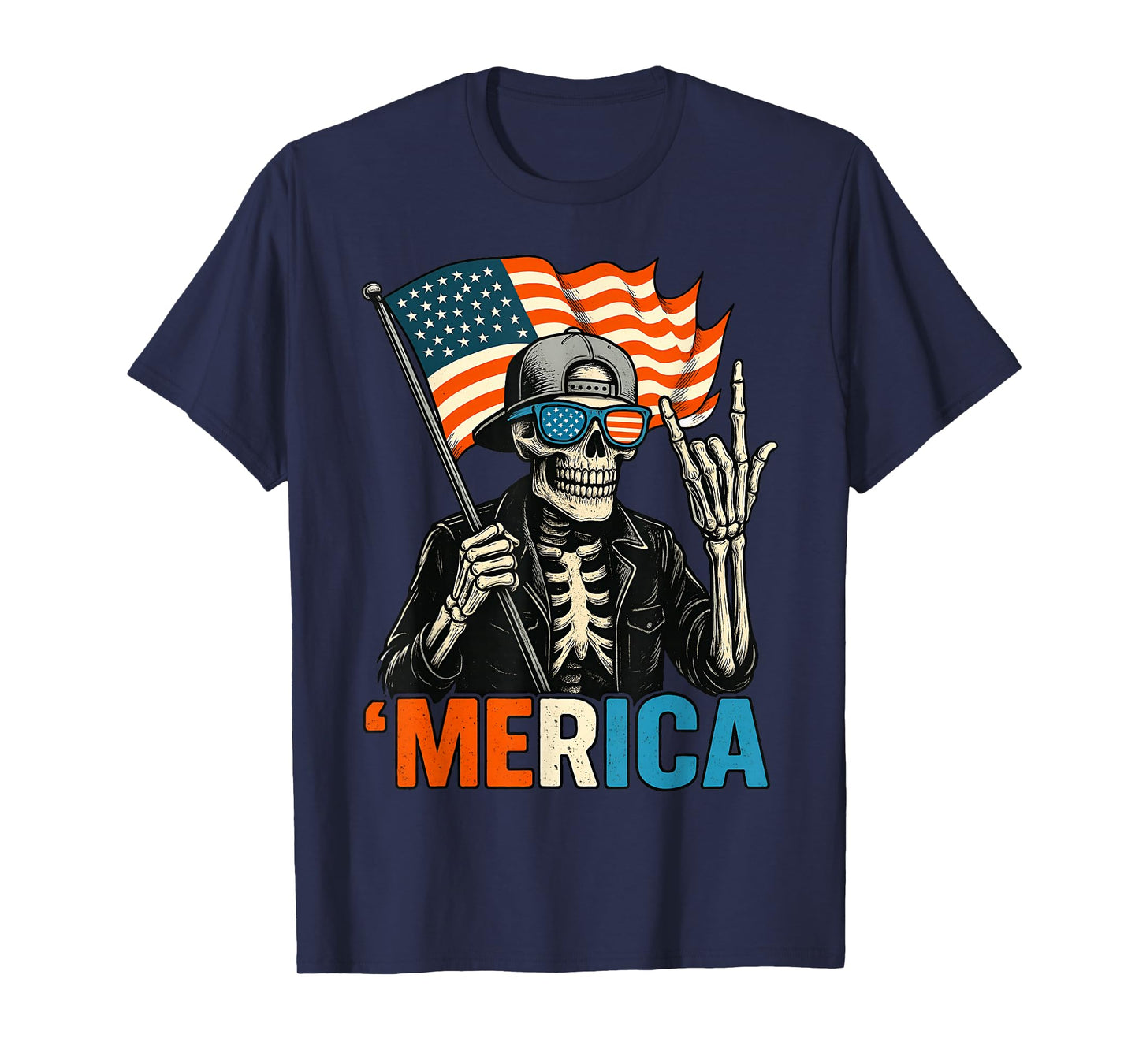 Skeleton Merica Rock American Flag Patriotic USA 4th Of July T-Shirt