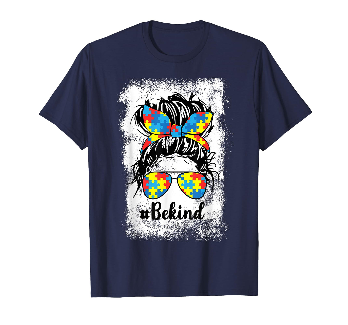 Be Kind Autism Messy Bun Girl Puzzle Piece Autism Awareness T-Shirt