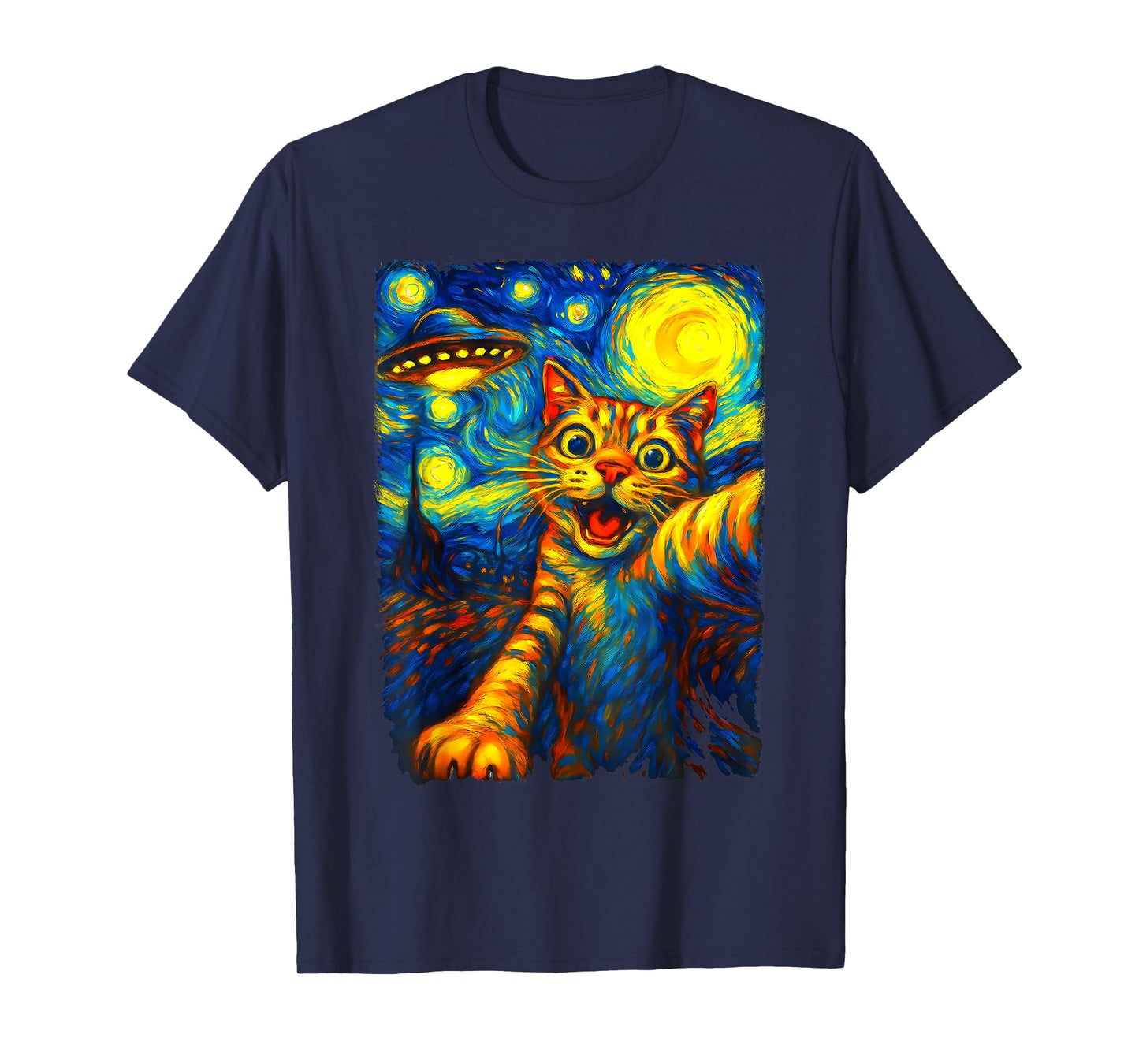 Cat Selfie With Alien UFO Funny Starry Night Van Gogh Men Women Kids T-Shirt