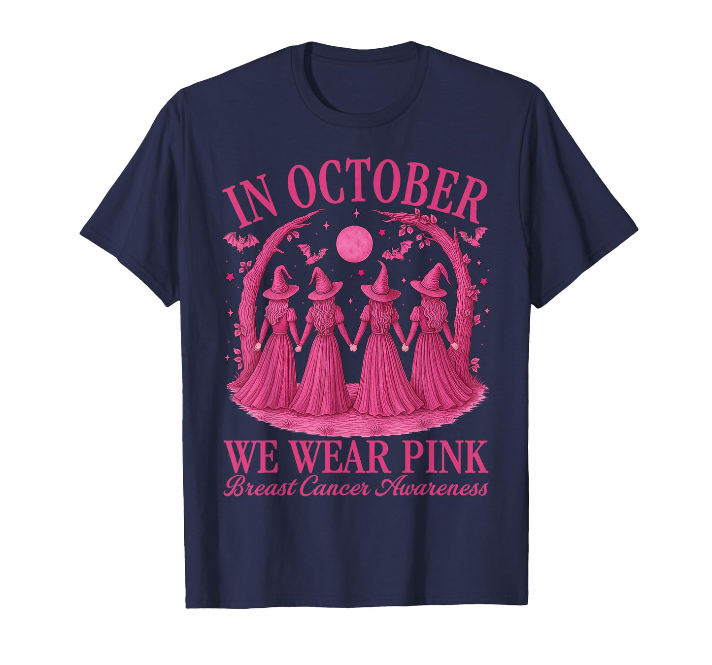 in October We Wear Pink Halloween Pink Witch Breast Cancer T-Shirt
