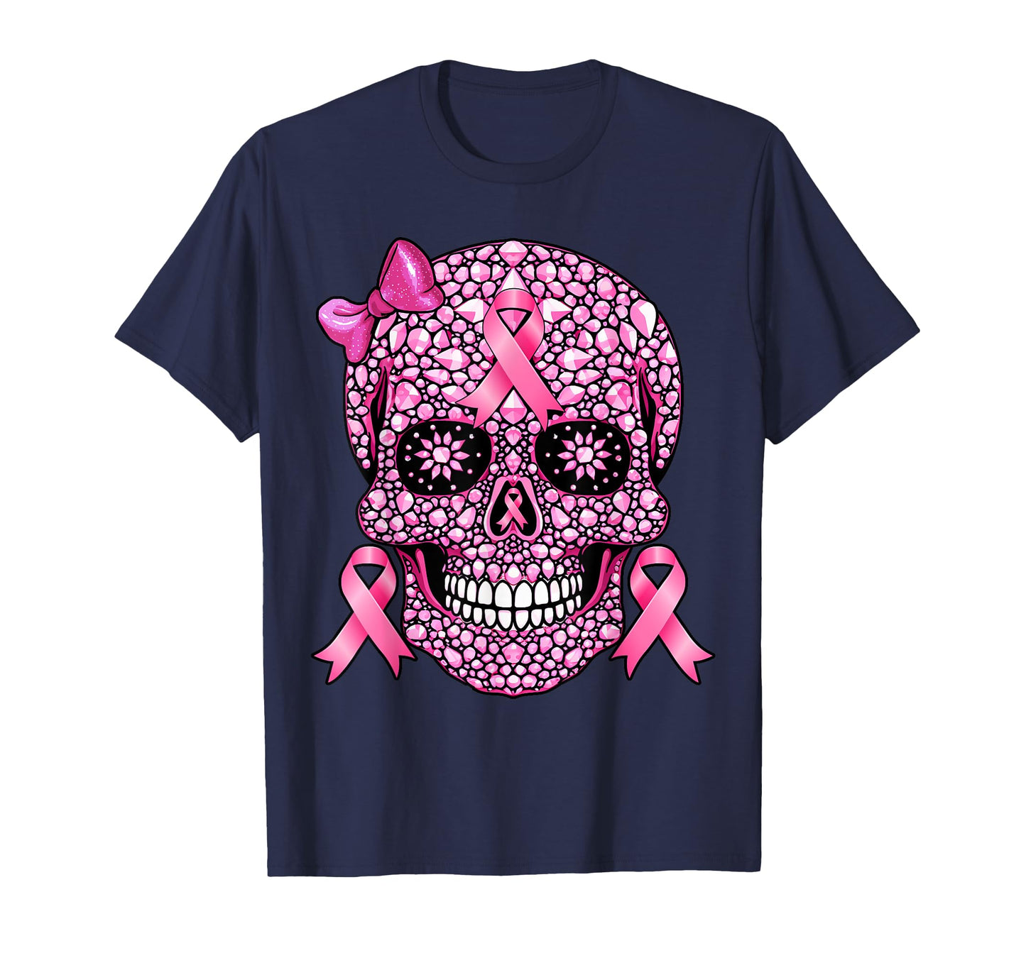 Sugar Skull Pink Ribbon Breast Cancer Awareness Girls Women T-Shirt