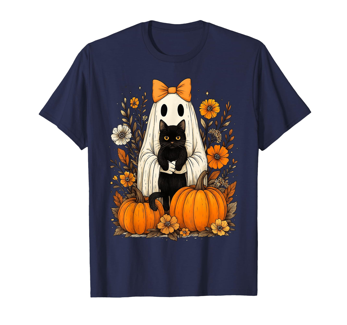 Vintage Halloween Ghost Holding Black Cat Groovy Floral T-Shirt