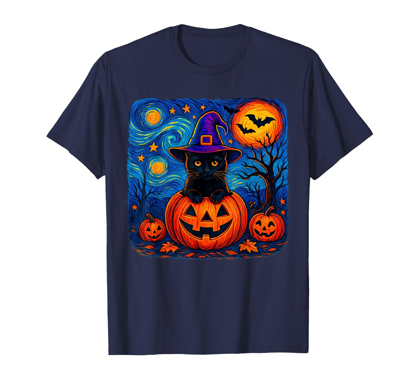 Black Cat Van Gogh Starry Night Halloween Costume Men Women T-Shirt
