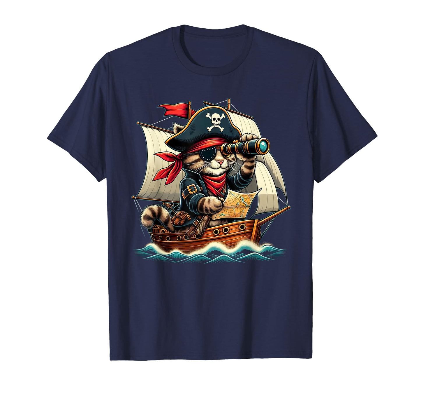 Funny Pirate Cat Adventure Halloween Cat Lover Men Women T-Shirt