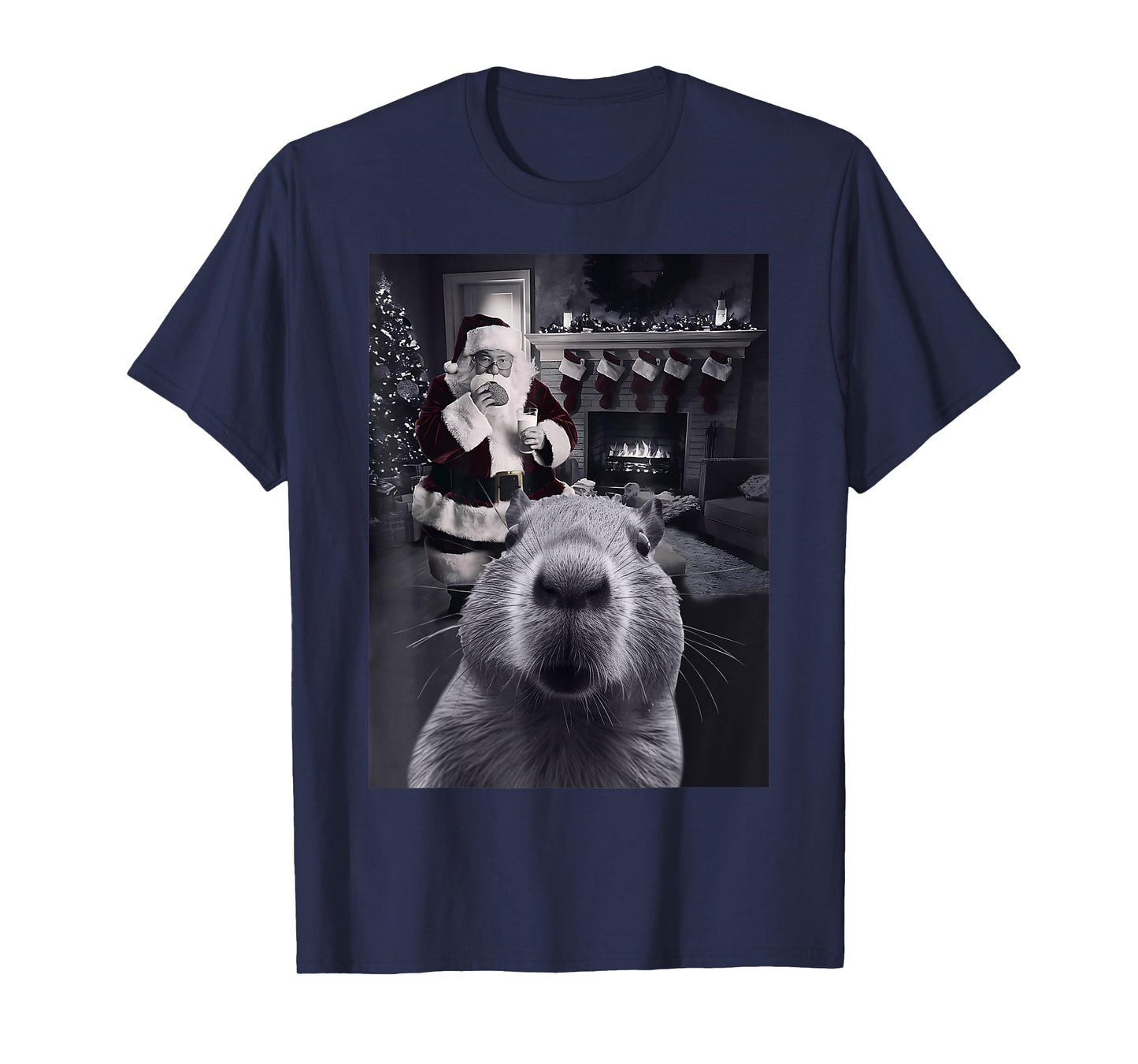Funny Graphic Capybara Selfie with Santa Capy Xmas Rodent PJ T-Shirt