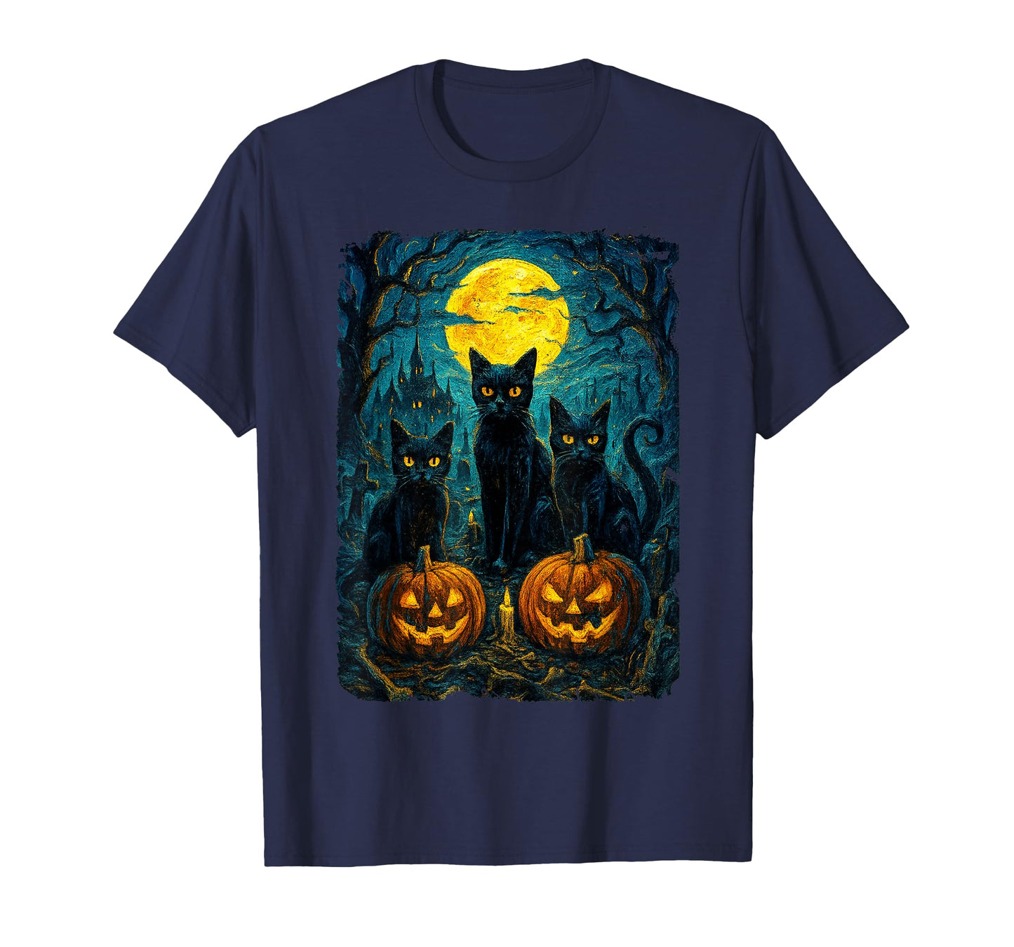 Black Cat Halloween Cat Lovers Starry Night Cat Van Gogh Cat T-Shirt