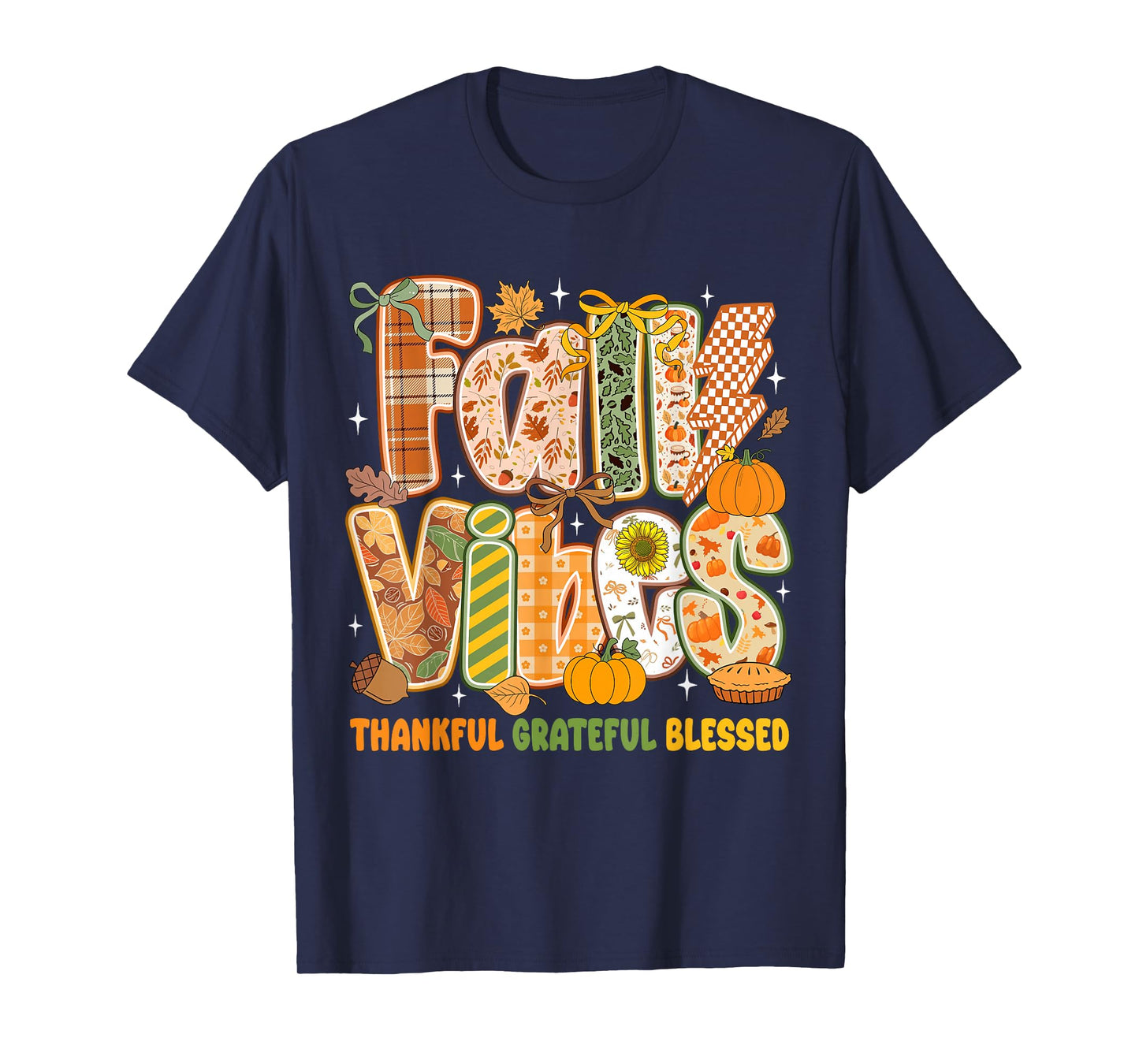 Retro Fall Vibes Thankful Grateful Blessed Autumn Pumpkin T-Shirt