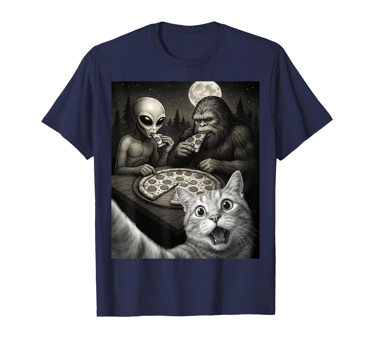 Funny Selfie of Cat With Bigfoot Eating Pizza With An Alien Men Women Kids T-Shirt
