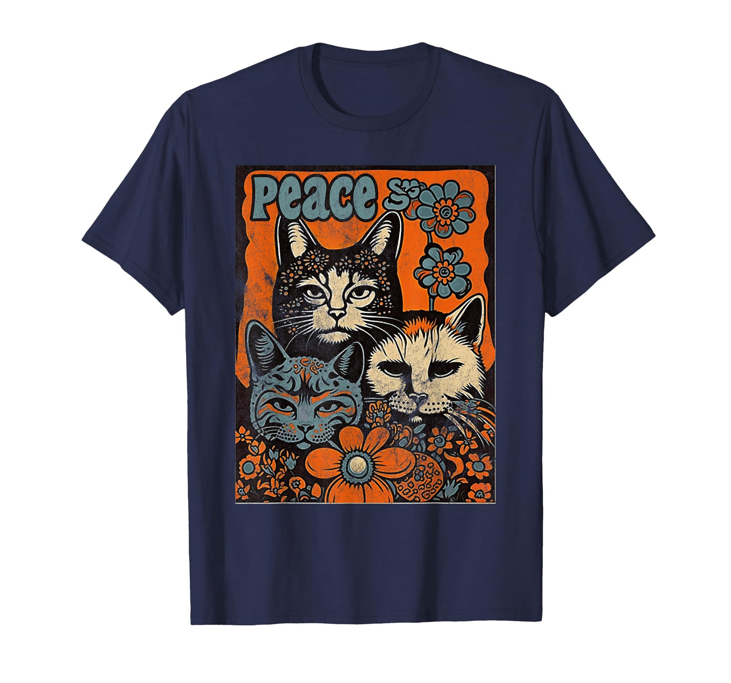 Cat Funny 60s 70s Hippie Vintage Flowers Groovy Psychedelic Men Women T-Shirt