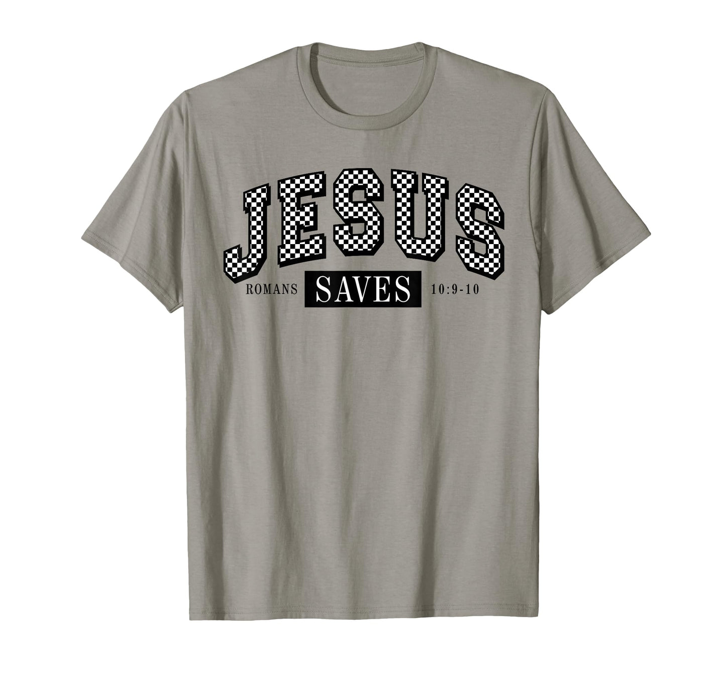 Checkered Jesus Saves Romans 10:9-10 Christian Religious T-Shirt