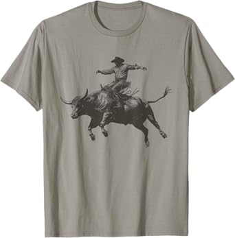 Vintage Cowboy Festival Country Music Concert Grey Cowboy Riding Bull T-Shirt - Unisex-Adults & Kids - Short Sleeve - Classic Fit - Crew Neck - Small