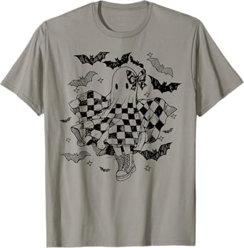 Checkered Ghost Coquette Dance Bow Bats Dancing Halloween T-Shirt