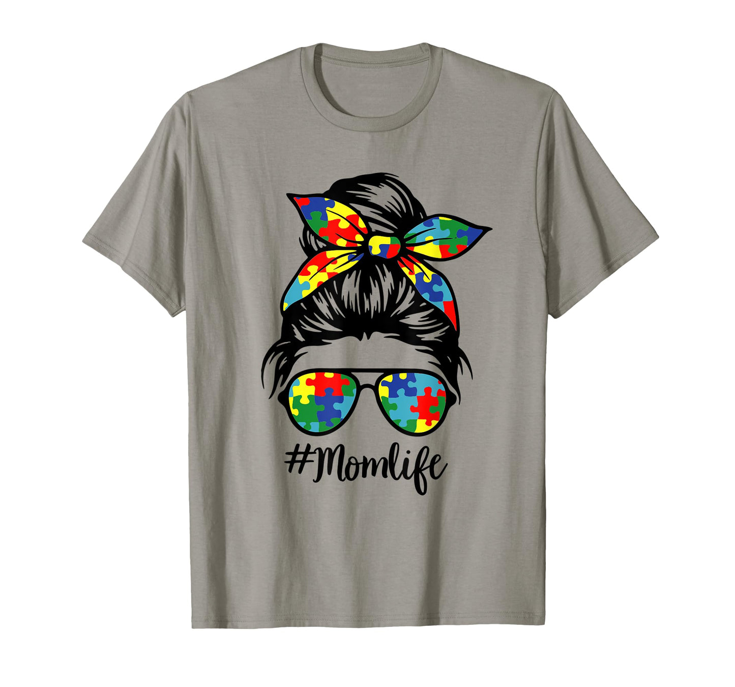 Autism Mom Life Puzzle Messy Bun Autism Awareness Month T-Shirt
