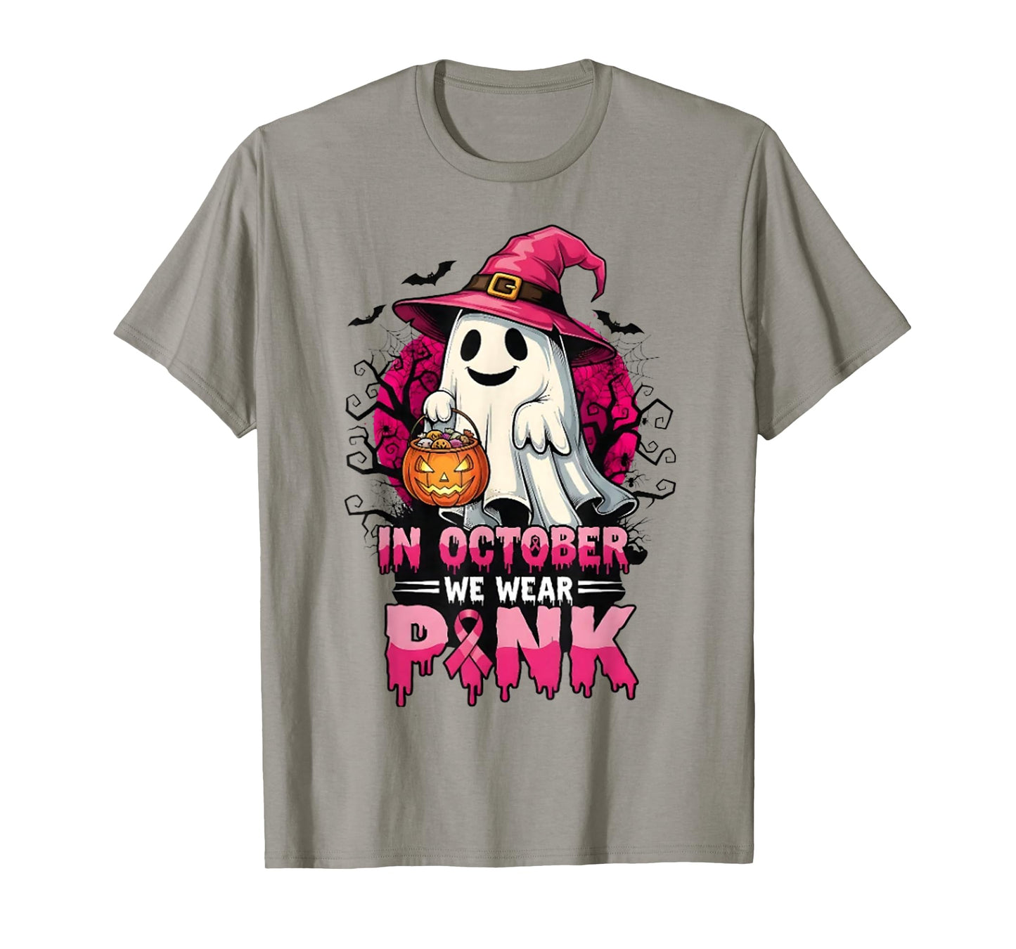 in October We Wear Pink Ghost Witch Breast Cancer Awareness T-Shirt