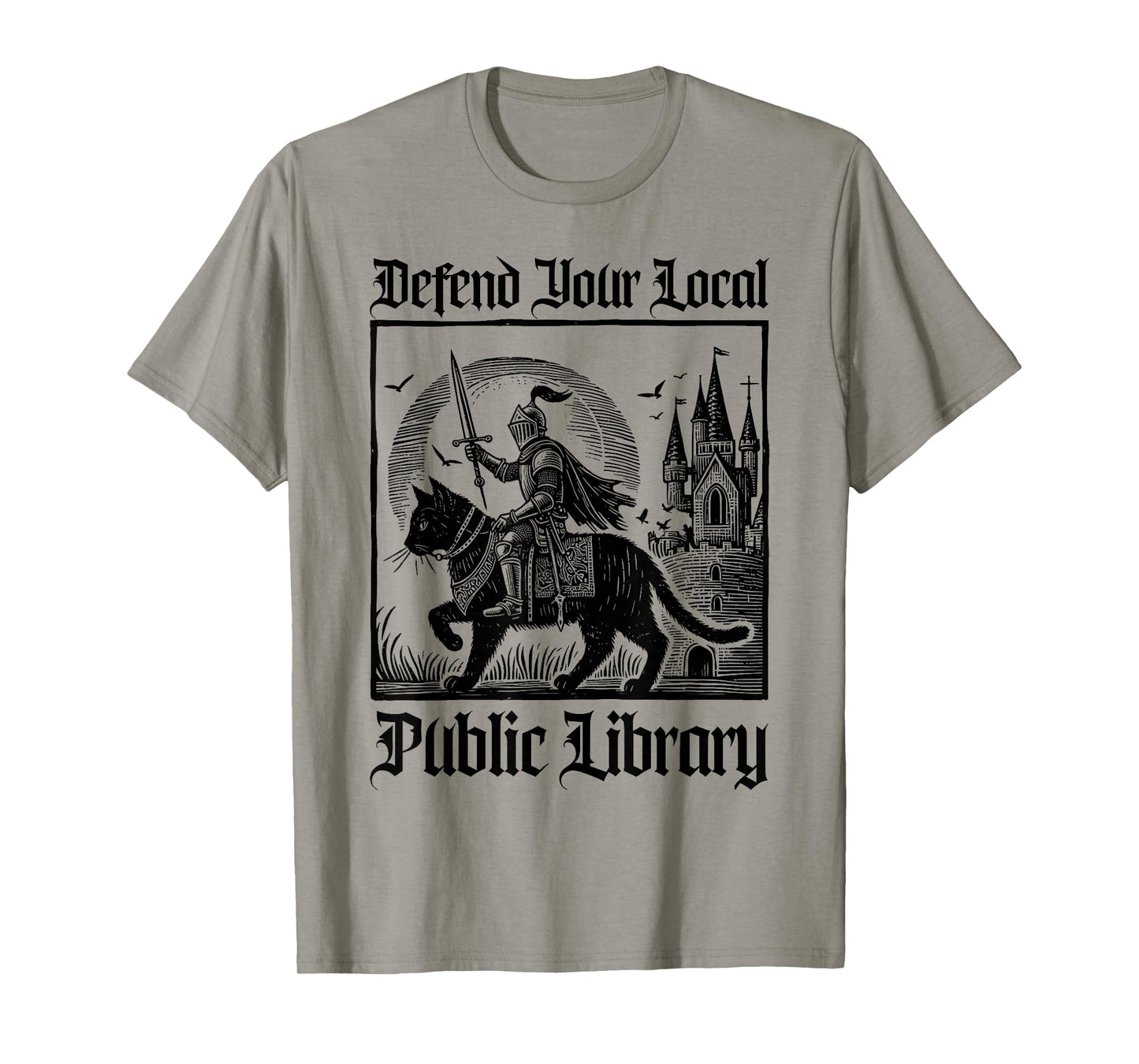 Defend Your Local Public Library Funny Knight Riding Cat T-Shirt
