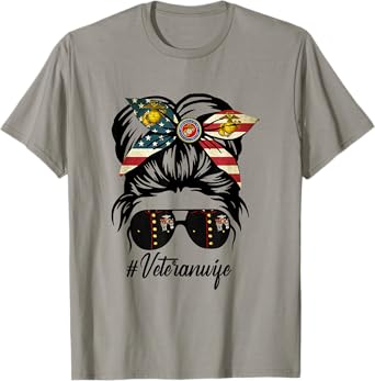 Women Veteran Wife Military Patriotic Messy Bun Hair T-Shirt
