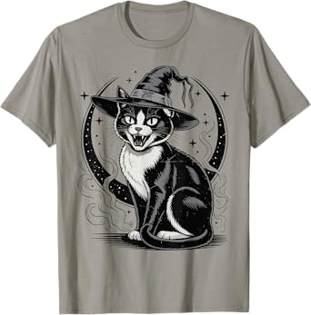 Vintage Tuxedo Cat Witch & Moon Halloween Mom Funny Women T-Shirt