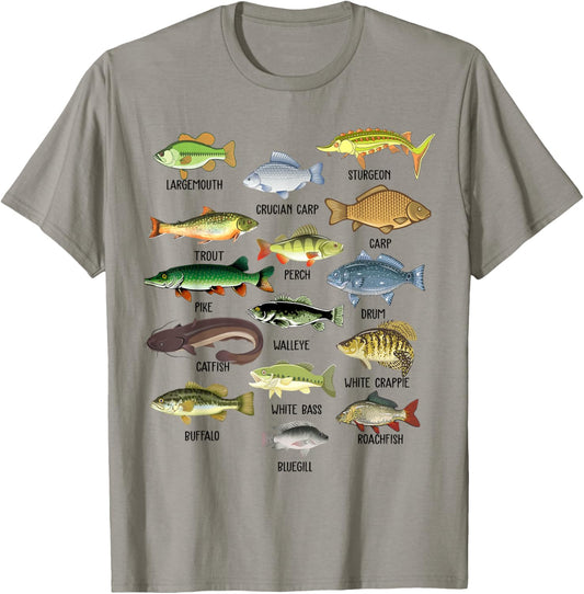 Fishing-Shirt Types Freshwater Fish Funny Bass Dad Graphic T-Shirt
