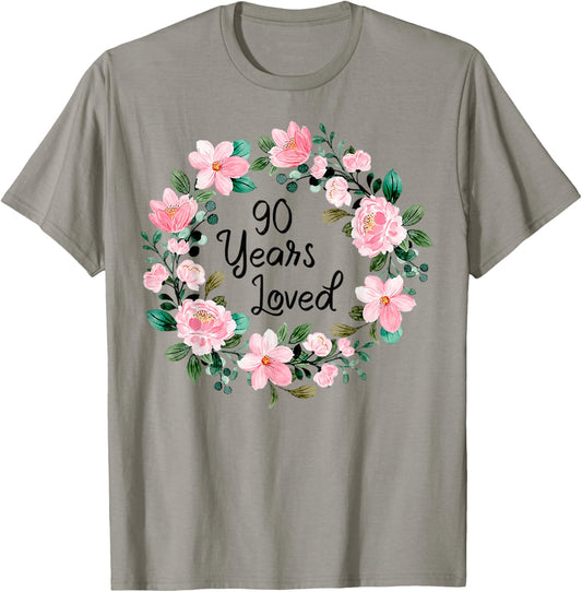 90 Years Loved Men Women 90 Years Old Floral 90th Birthday T-Shirt