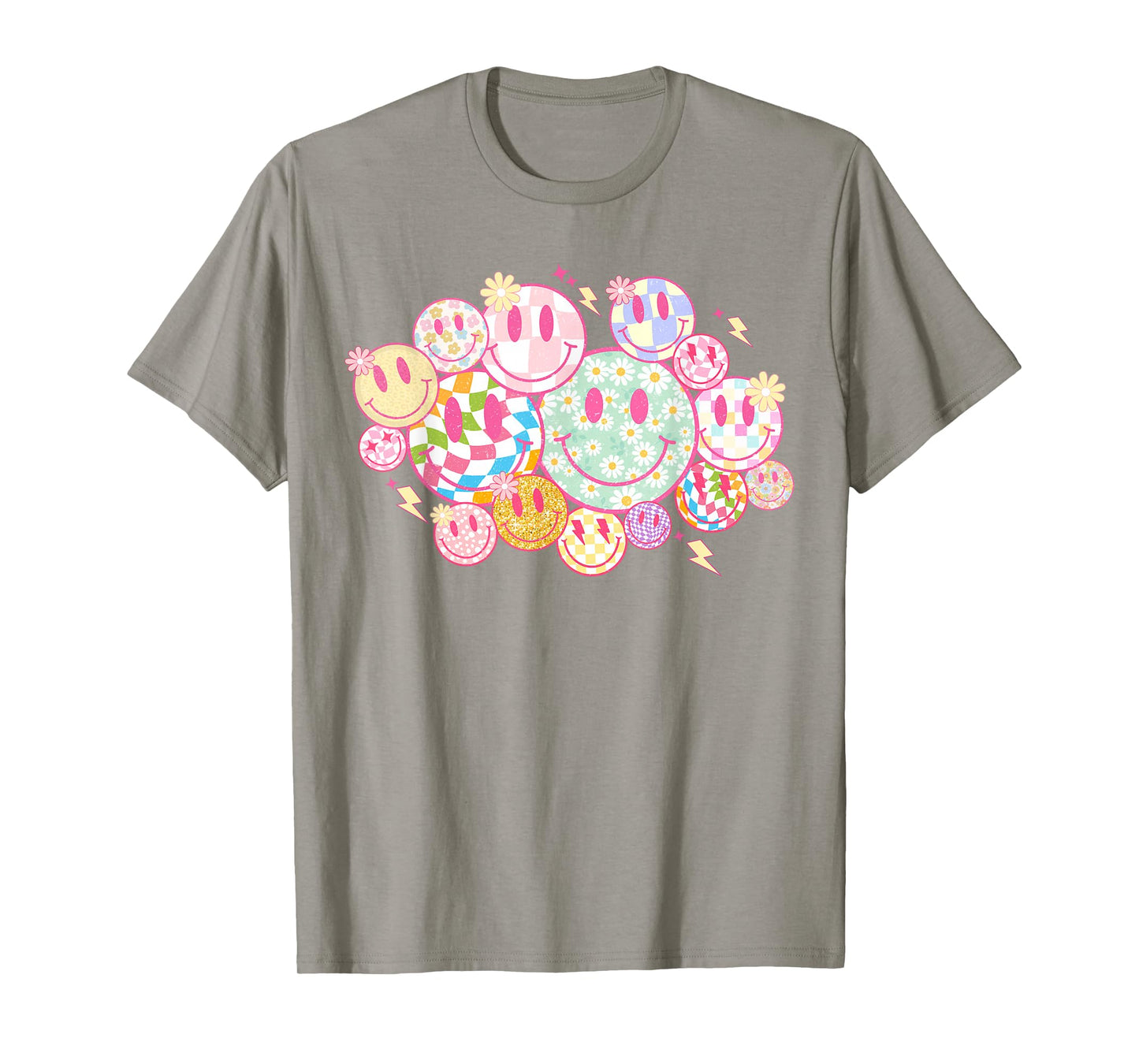 Retro Smile Face Flower Happy Face Checkered Pattern T-Shirt