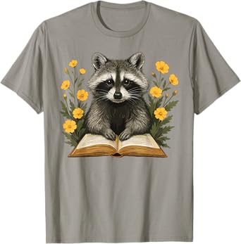 Cute Raccoon Reading Book Floral Nature Lover T-Shirt