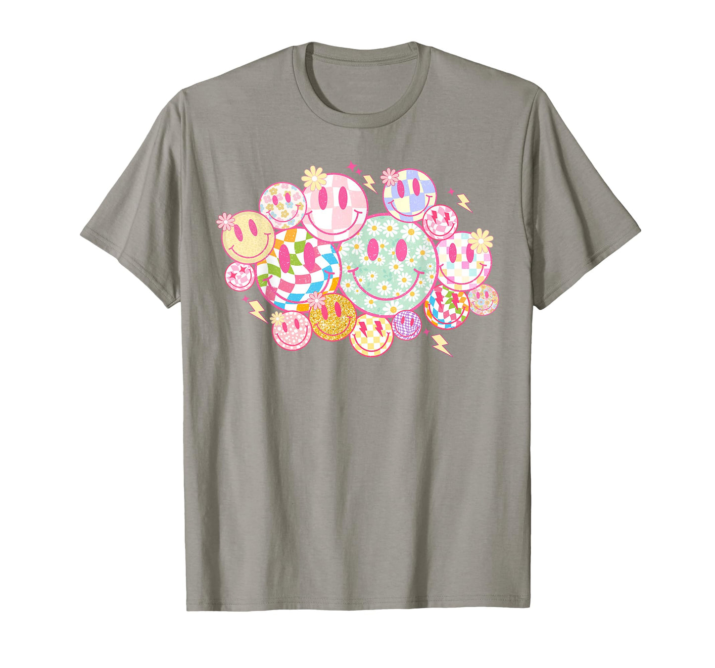 Retro Smile Face Shirt Flower Happy Face Checkered Pattern T-Shirt