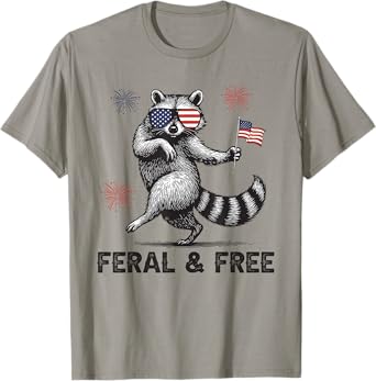 Patriotic Raccoon Feral But Free USA Flag 4th Of July T-Shirt