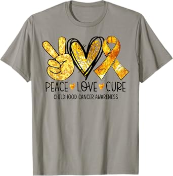 Peace Love Cure Gold Heart Ribbon Childhood Cancer Awareness T-Shirt