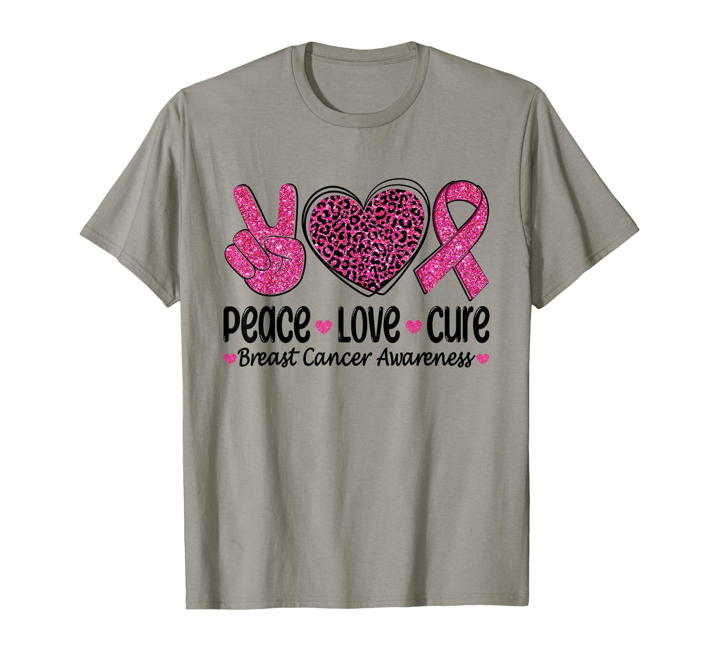 Peace Love Cure Leopard Heart Ribbon Breast Cancer Awareness T-Shirt