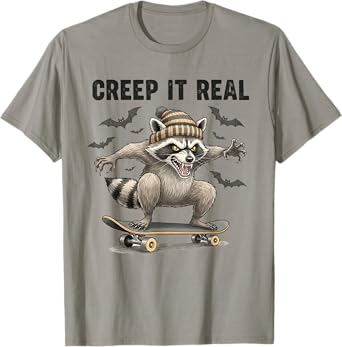 Creep It Real Raccoon Halloween Skateboard Bat Funny T-Shirt