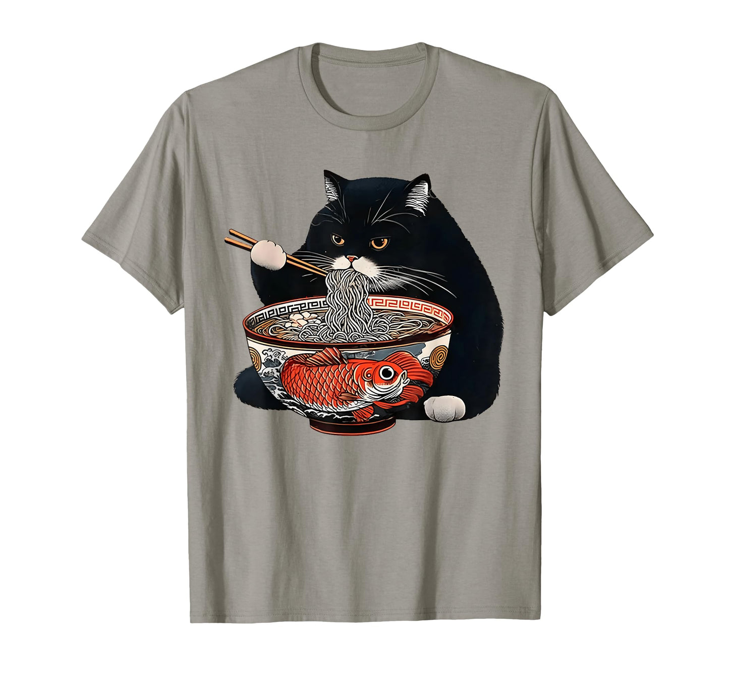 Funny Black Fat Cat Eating Ramen T-Shirt