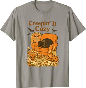 Creepin It Cozy CozyCore Aesthetic Halloween Bat Cat Vintage T-Shirt