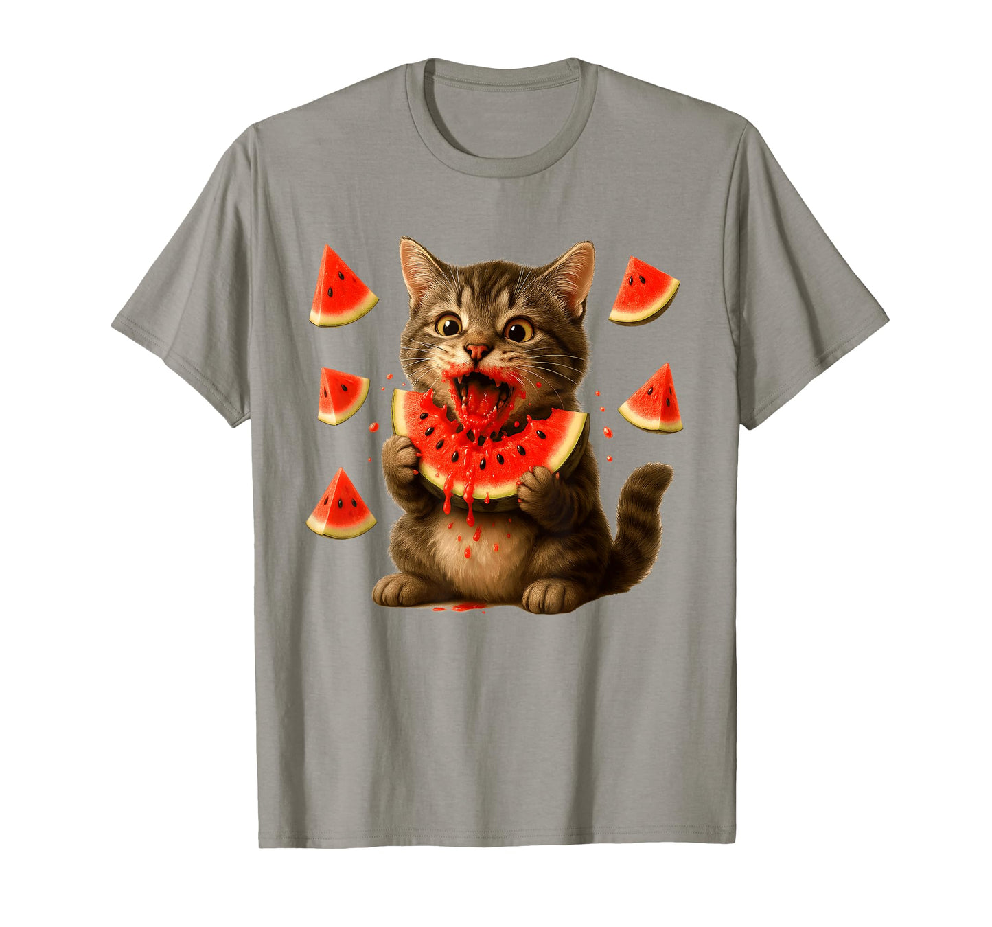 Funny Cat Eating Watermelon Slice Watermelon Day Summer Kids T-Shirt