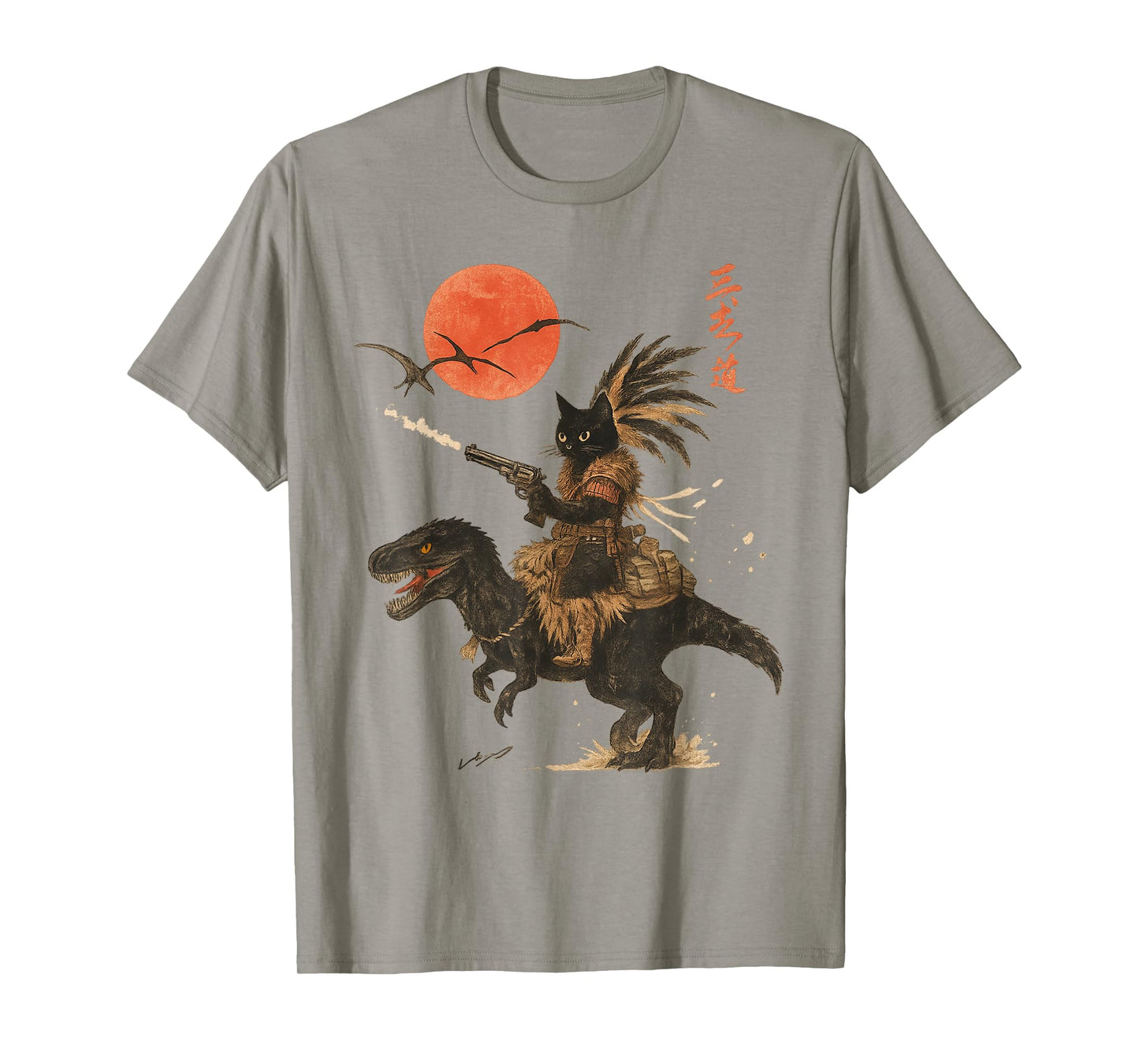 Retro Tribal Black Cat Rides A Dinosaur Print T-Shirt