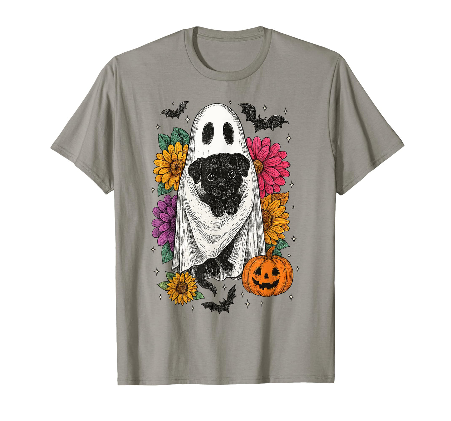 Ghost Black Dog Floral Halloween Coquette Funny Black Dog T-Shirt
