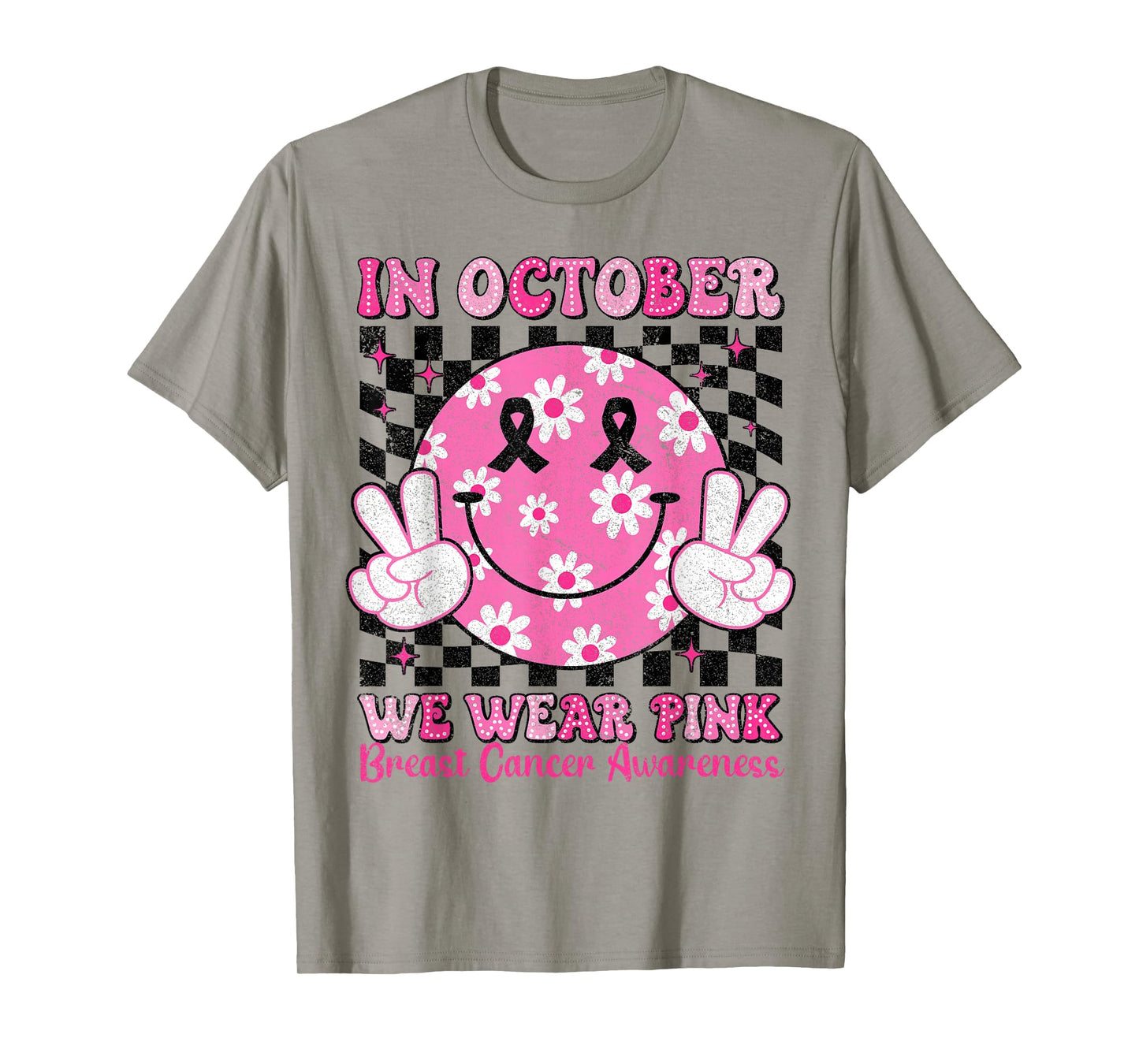in October We Wear Pink Breast Cancer Awareness Checkered T-Shirt