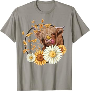 Highland Cow With Sunflower Daisies Butterflies Farm Western T-Shirt