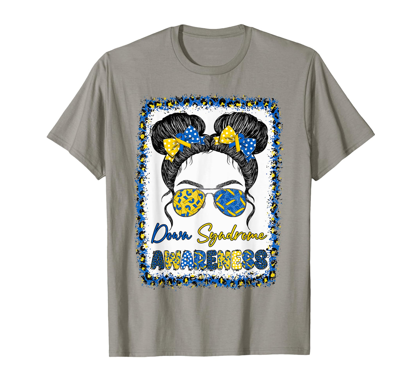 Messy Bun Girl Yellow Blue Bow Ties Sunglasses Down Syndrome T-Shirt
