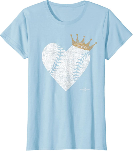 Vintage Baby Blue Royal Baseball Heart with Crown T-Shirt