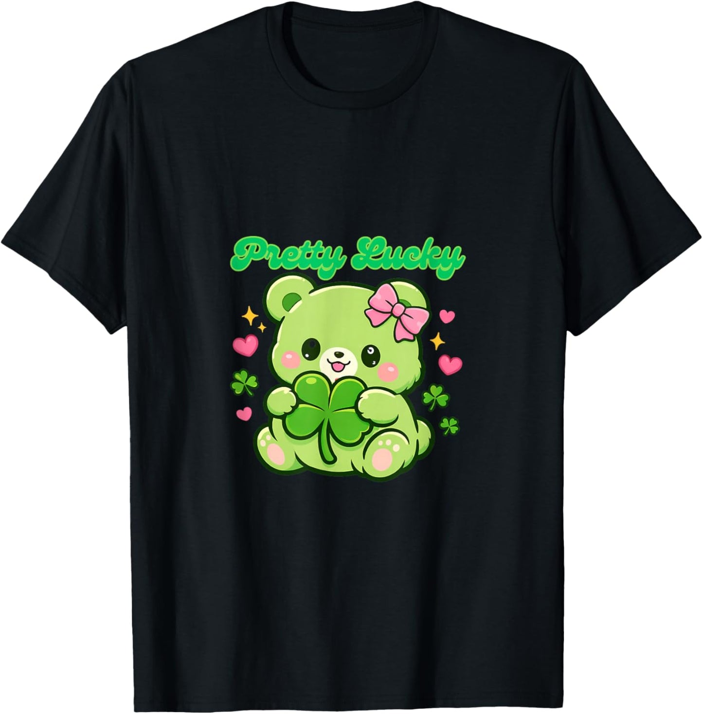 Lucky Clover Kawaii Teddy Bear Cute Design T-Shirt - T-Shirt | Black