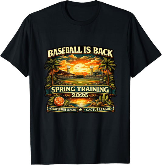 Spring Training Baseball is Back 2026 Retro Stadium Sunset T-Shirt - T-Shirt | Black