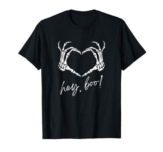 Skeleton Hands Heart Hey Boo Funny Halloween Men Women T-Shirt