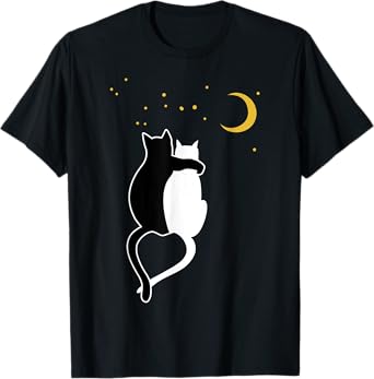 Black cat, white cats hug and moon, stars T-Shirt