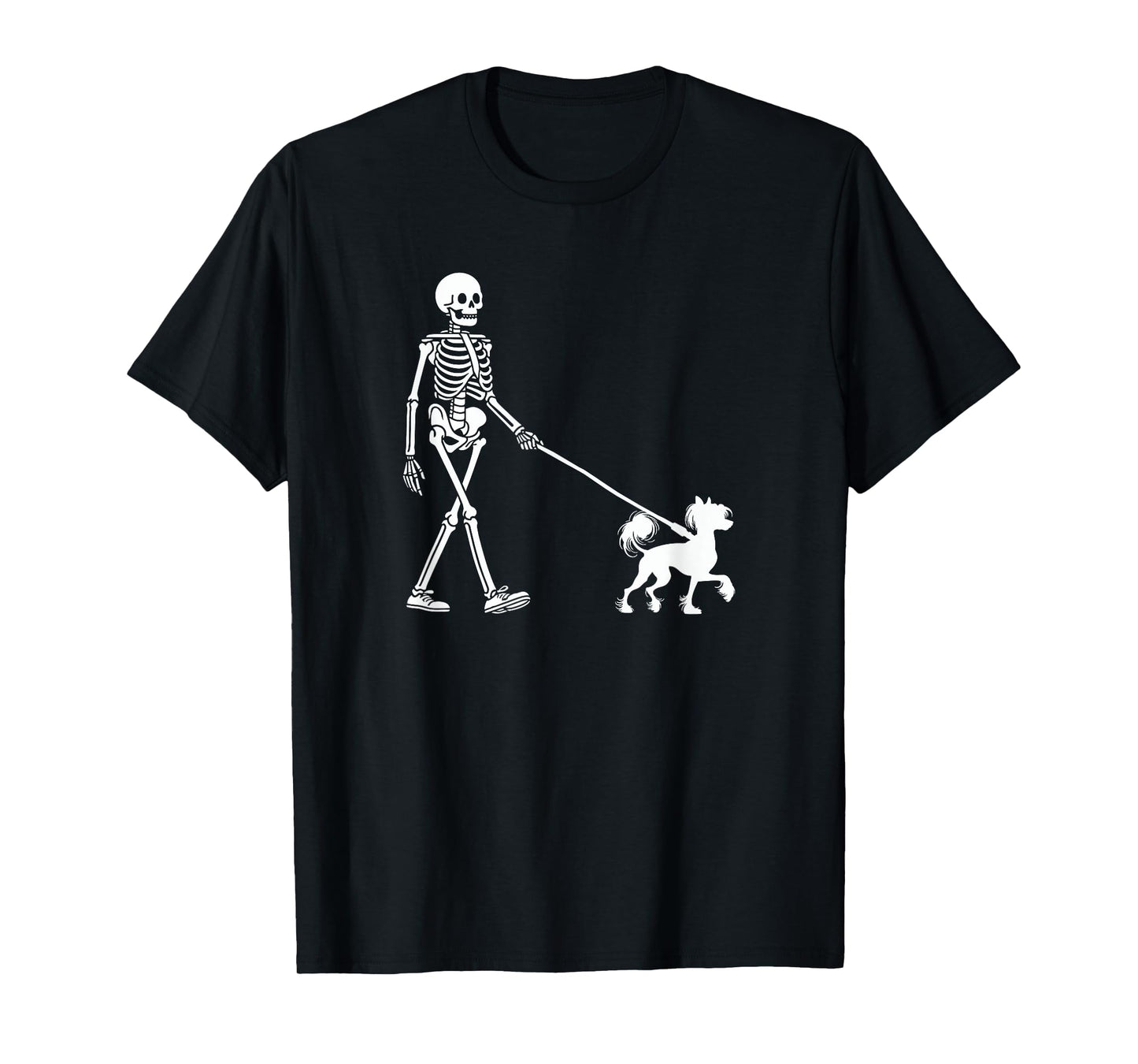 Skeleton Walking a Dog Chinese Crested Dog Halloween Outfit T-Shirt