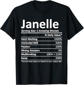 Custom Girl Women Mom Fun Birthday Nutrition Facts Janelle Personalized Name Funny T-Shirt