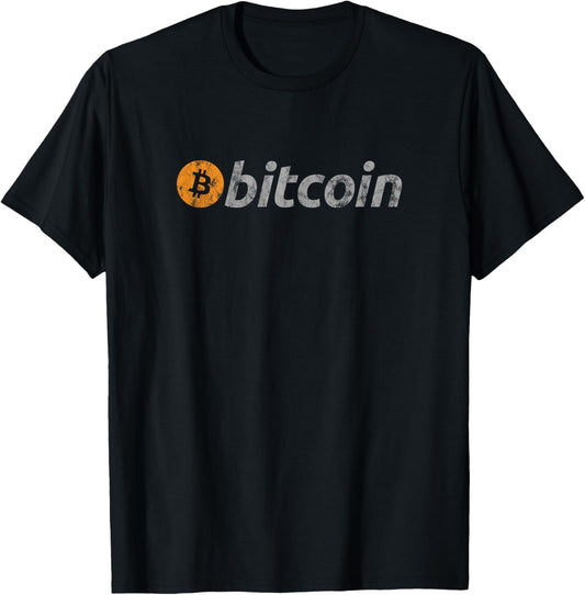 Vintage Look Bitcoin Logo T-Shirt - Black, Unisex-Adults, Short Sleeve, Classic Fit, Cotton Blend, Small