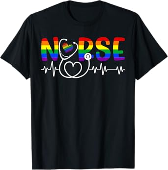 Nurse RN CNA Stethoscope Scrub Top LGBTQ Pride Rainbow Flag T-Shirt