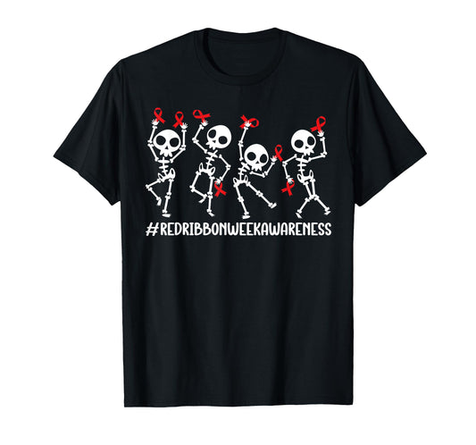 Red Ribbon week Awareness Skeleton Halloween Women Men Kids T-Shirt