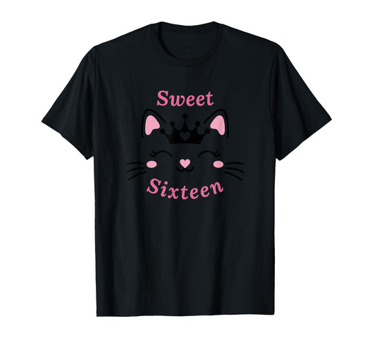 Cute Cat Sweet Sixteen Girl 16th Birthday Party Design Pink T-Shirt